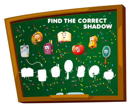 Find the correct shadow game worksheet. School education blackboard with education characters. Matching task with cartoon vector textbook, apple, sharpener and magnifier silhouettes, kids riddle mazeのイラスト素材