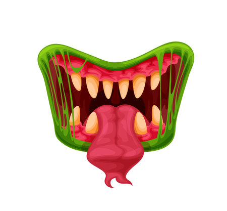 Green monster jaws. Mouth, teeth and tongue of cartoon Halloween creepy creature or dangerous beast. Vector maw with sharp fangs in green slime or saliva and long forked tongueのイラスト素材