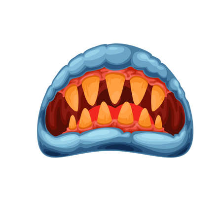 Cartoon monster jaws, mouth and old yellow teeth. Vector creepy zombie or alien maw with blue lips and red tongue. Halloween creature roaring yap, angry beast roar isolated on white backgroundのイラスト素材