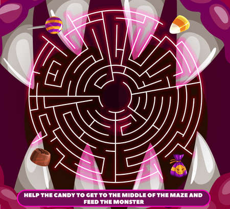 Children find way maze with halloween candy and monster teeth. Kids labyrinth exercise, path search game. Cartoon monster open maw with sharp fangs, halloween holiday treat lollypop and jellyのイラスト素材