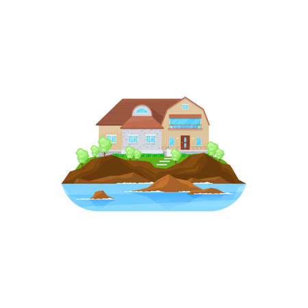 House at water, building or home cottage and modern residential estate, vector flat icon. Private house at lake or river or village townhouse at sea isolated villa or mansionのイラスト素材