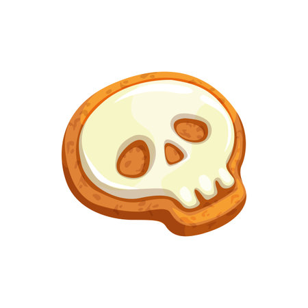 Skull shape gingerbread cookie with icing topping isolated head skeleton. Vector homemade baked food with sugar, bakery Halloween dessert. Trick or treat confectionery, pastry ginger cookiesのイラスト素材