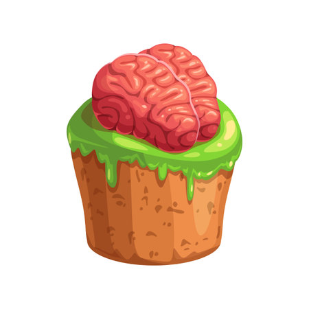Tasty candy in shape of cupcake topped by human brains isolated realistic icon. Vector Halloween...