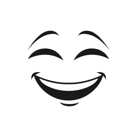 Emoticon with broad kind smile and blinked eyes isolated icon. Vector laughing smiley, eyes winked of joy. Satisfied avatar expression, comic man head with blinked eyes funny joke sign chatboat emblemのイラスト素材