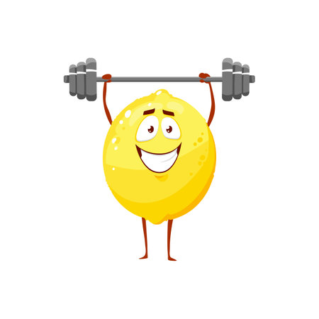 Cartoon lemon workout with barbell, fruit sportsman vector icon, funny character sport exercises with weight isolated on white background. Healthy food, sports lifestyle, organic nutrition symbolのイラスト素材