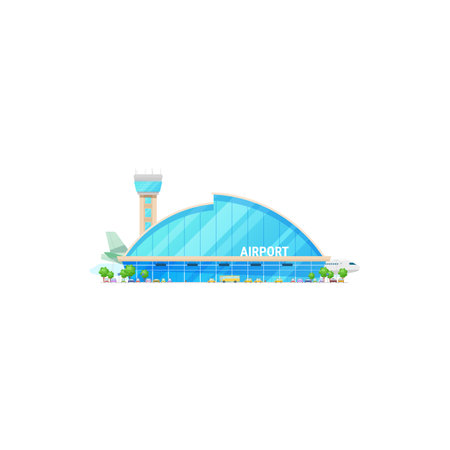 Concourse airport building isolated city airport facade, taxis and buses, sky harbor. Vector terminal, airplanes and control tower, plane jet at airfield, public skyline port oval glass constructionのイラスト素材