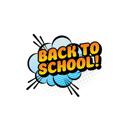 Back to school inscription on boom cloud sign isolated icon. Vector welcome back to school label burst explosion, comic pop ar cartoon style. Invitation to study banner with hand drawn letteringのイラスト素材