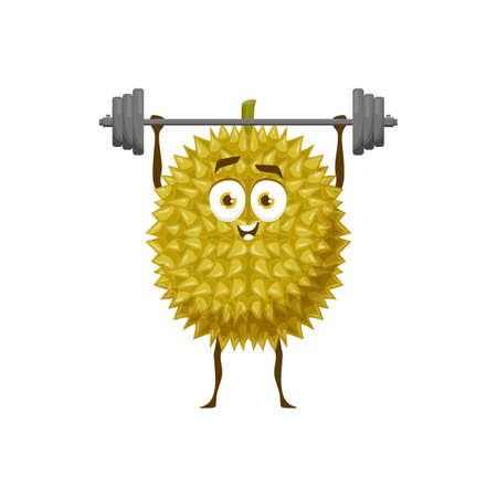 Durian fruit with gym barbell, healthy food in fitness activity, vector cartoon character. Topical fruit durian in workout training, natural organic food vitamins and sport nutritionのイラスト素材