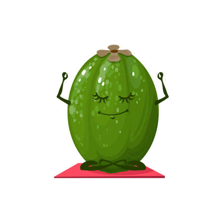 Feijoa fruit in meditation, vector cartoon character and healthy life in vitamins. Feijoa with face and smile on yoga mat meditates in lotus, funny tropical fruits in sport or fitness activityのイラスト素材