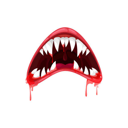 Monster mouth vector icon, creepy yelling alien beast jaws with sharp teeth and long tongue with dripping bloody saliva. Angry creature yell isolated on white backgroundのイラスト素材