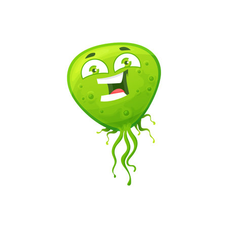Cartoon virus cell vector icon, cute green bacteria, happy laughing germ character with funny face. Smiling pathogen microbe with big eyes, isolated micro organism symbolのイラスト素材