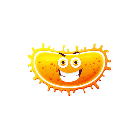Cartoon virus cell vector icon, angry bacteria or germ character with grin face. Smiling pathogen microbe monster with big eyes and toothy mouth, isolated yellow infusoria slipperのイラスト素材