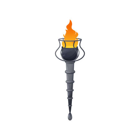 Retro illumination burning torch on metal stick medieval lighting tool. Vector sport object carried ceremonially, liberty, freedom and power mascot. Sparkling portable stick with fire ui games elementのイラスト素材