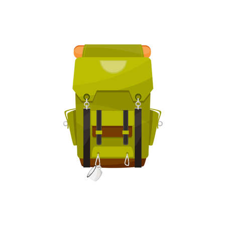 Travel bag with metal mug on back isolated trekking backpack. Vector green knapsack, hiking, climbing mountain sport backpacking equipment with lacing. Expedition haversack, cartoon hikers bagのイラスト素材