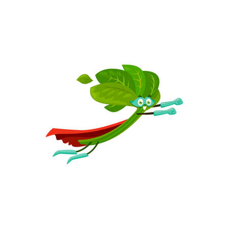 Cartoon spinach super hero isolated vector icon. Vegetable or greenery personage in cape and mask flying, funny fairytale character, healthy food, vitamin superheroのイラスト素材
