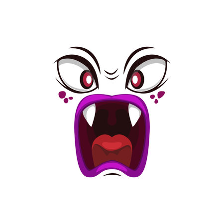 Monster face isolated vector icon, cartoon yelling emoji of angry demon, roaring devil with sharp fangs and red creepy eyes. Halloween spooky creature emotion isolated on white backgroundのイラスト素材
