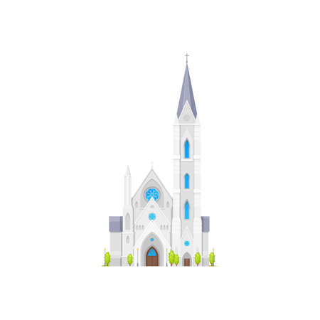 Cathedral, medieval church or chapel, vector temple or religion building. White gothic church with cross steeples or campaniles and stained glass windows of notre dam cathedralのイラスト素材