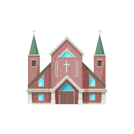 Catholic church building vector icon. Cathedral, chapel and monastery facade, medieval church exterior, christian religious architecture of red brick with cross on steeples, isolated cartoon symbolのイラスト素材