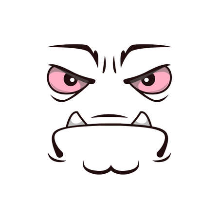 Monster face cartoon vector icon, grumpy creature, sad emotion with frowned eyes and mouth with protrude fangs. Halloween ghost, alien or spooky emoji isolated on white backgroundのイラスト素材