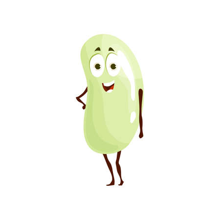 Vegetarian food bean flat cartoon character isolated healthy vegetable emoticon, organic nutrition seed emoji with kind face. Vector bean legume with head and eyes, hands and leg, comic superfood heroのイラスト素材