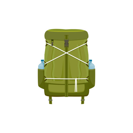 Camping backpack, hiking rucksack vector icon, touristic knapsack equipment of green color with...