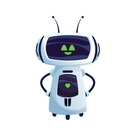Smart robot, cyborg scientific technologies android isolated icon. Vector funny robot with broad smile, robotic machinery character. Droid to discover outer space and galaxy, hi-tech automatonのイラスト素材