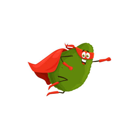 Cartoon avocado superhero isolated vector icon. Vegetable super hero personage in cape and mask flying with raised arm, funny fairytale character, healthy food, vitaminのイラスト素材