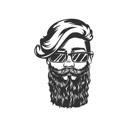 Retro hipster man with beard and mustaches in cute sunglasses isolated bearded gentleman portrait monochrome icon. Vector, sexy guy with fashion vogue haircut, barber hairdresser, barbershopのイラスト素材