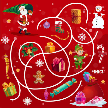 Child Christmas search way game or maze. Children find path activity, kids labyrinth game with Santa Claus carrying Christmas tree, elf and snowman, holiday gifts, sweets and snowflakes cartoon vectorのイラスト素材