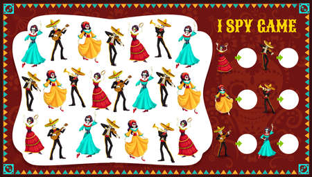 I spy game Dia de Los Muertos characters, vector educational kids riddle with mariachi and Catrina skeletons dance and playing instruments, puzzle. How many Mexican musicians and dancers riddle pageのイラスト素材