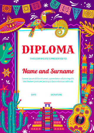 Kids diploma certificate with mexican sombrero, chameleon and toucan, guitar, cactuses. Children education diploma, vector certificate template with mexico culture symbols, animal and plant ornamentsのイラスト素材