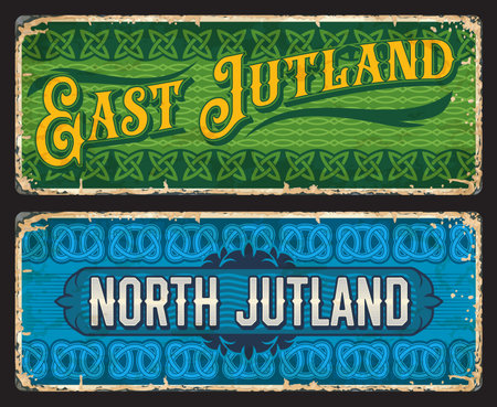 East and North Jutland Denmark plates. Danish regions tin signs, nordic trip vintage banners or vector travel stickers with celtic blue and green knot ornaments, vintage typography and fades sidesのイラスト素材