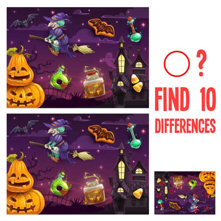 Find differences kids halloween game or riddle. Child educational activity, educational exercise with details compare playing task. With on broom, Halloween pumpkins and magic potions cartoon vectorのイラスト素材
