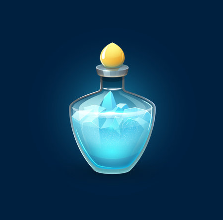 Witchcraft bubble potion bottle with frozen ice cubes. Magic potion, alchemist elixir vial or wizard, witch spell corked bubble. Fantasy game vector object, user interface iconのイラスト素材