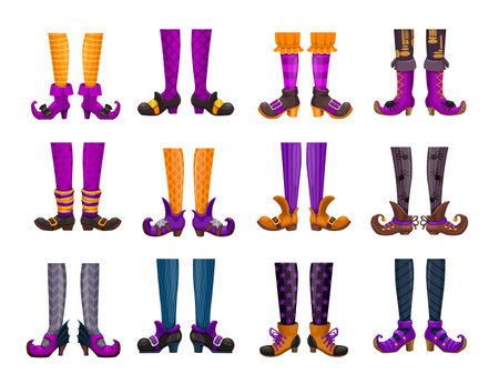 Cartoon legs of fairy witch or sorceress hellcat, elf or enchantress, vector icons. Witch legs in stockings and fairy boots or shoes with buckle buttons, Halloween witch or hellcat enchantress feetのイラスト素材