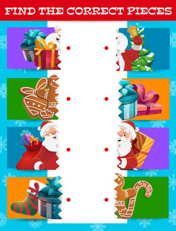 Christmas matching game vector template of children education puzzle, logic riddle or quiz. Find the correct pieces of Xmas gift, Santa, stocking, present box and Christmas tree picturesのイラスト素材