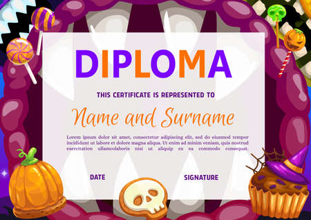 Kids diploma with Halloween vector sweets and monster mouth. Certificate with cookies and candies pumpkin or skull. Chocolate cupcake in witch hat and lollipops. School or kindergarten frame templateのイラスト素材