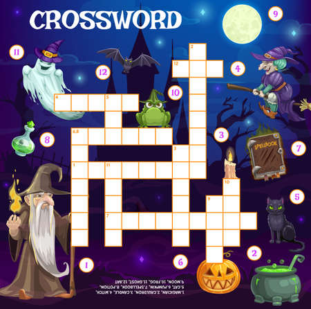 Holiday crossword grid, Halloween cartoon witch, wizard, ghost and spell book with cauldron pot, vector. Find word kids game or worksheet riddle of cross words with Halloween pumpkin lantern and batsのイラスト素材