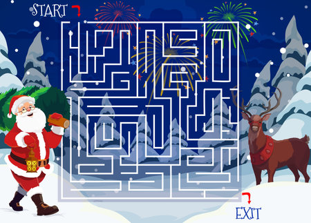 Christmas maze or labyrinth game with cartoon vector Santa, children education puzzle design. Square maze with find right way or path task on background with Xmas tree, reindeer and Santa Clausのイラスト素材