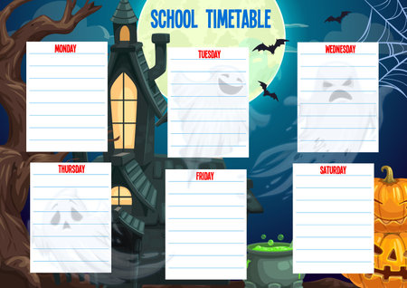School timetable schedule Halloween weekly planner, vector cartoon template. Halloween school time table and week schedule organizer and study with pumpkins, night house and bats on scary backgroundのイラスト素材
