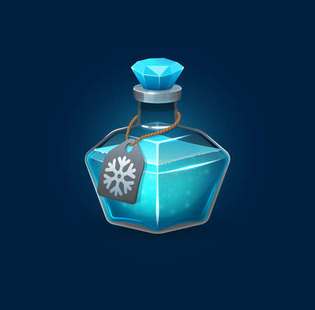 Witchcraft glass potion bottle with freeze spell, cartoon vector game asset. Blue magic potion of witch or poison drink in jar to ice freeze, wizard alchemy elixir glass flask with crystal bung corkのイラスト素材