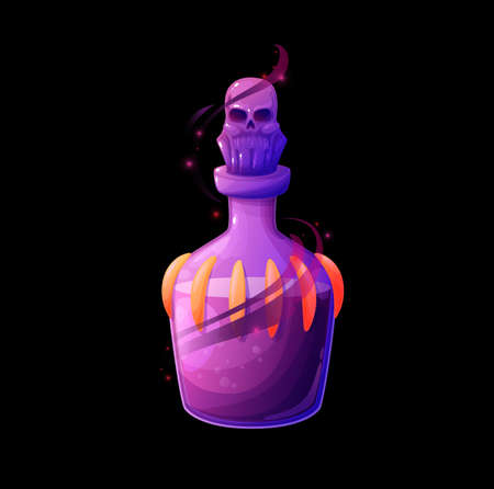 Potion bottle with death elixir, vector magic glass flask with purple liquid, shining haze or sparks and skull bung. Cartoon design element for magic game. Witch poison, isolated alchemy ui objectのイラスト素材
