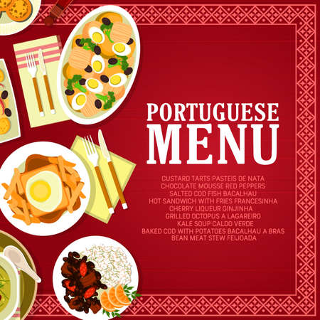 Portuguese restaurant menu card vector template with fish, vegetable and meat food dishes. Baked cod and potato bacalhau a bras, bean stew feijoada, soup caldo verde, fries sandwich and tart pasteisのイラスト素材