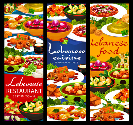 Lebanese cuisine food vector banners with Arab vegetable, meat and dessert dishes. Hummus, dumpling soups and lamb kofta meatballs, fattoush salad, cake, stuffed zucchini and halloumi cheeseのイラスト素材