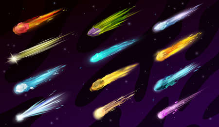 Cartoon space comets, asteroids, meteors, meteorites game asset. Falling glowing fireballs with flame trail on starry sky background. Vector set of flying burning cosmic objects, ui design elementsのイラスト素材