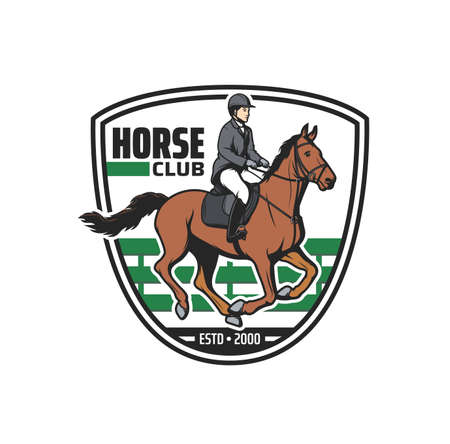 Horse club vector icon with jockey and horse on equestrian sport arena. Horseback rider with equine harness, saddle and bridle, jockey helmet and boots, horse racing, jumping and dressage competitionのイラスト素材