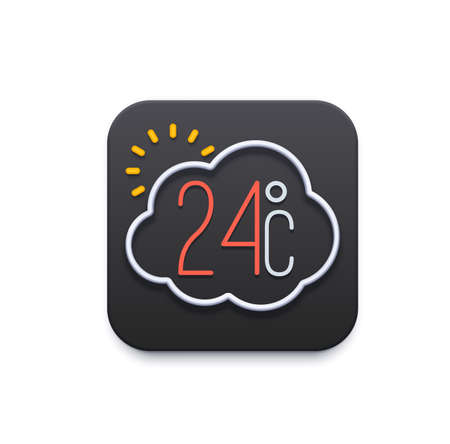 Climate and weather icon, app or mobile UI template, vector temperature forecast. Weather widget for phone screen or application interface and UX flat symbol with sun, cloud and temperatureのイラスト素材