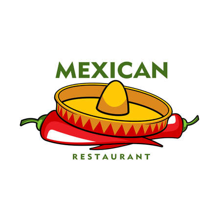 Mexican restaurant icon, vector jalapeno chili peppers and sombrero hat. Cartoon emblem with traditional symbols of Mexico. Design element for Latin cafe menu or signboard isolated on white backgroundのイラスト素材