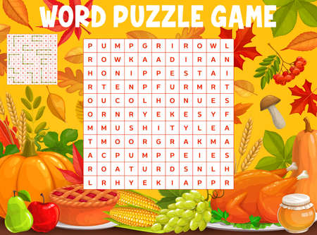 Autumn leaves and Thanksgiving meals, word search puzzle game worksheet. Kids quiz grid for words search in Thanksgiving pumpkin, turkey and apple pie, maple leaf anf oak acorn with corn and honeyのイラスト素材
