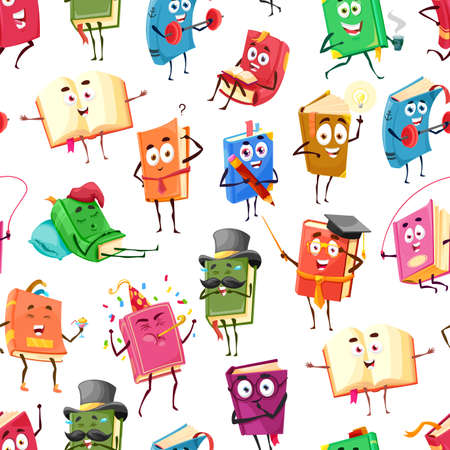 Cartoon textbooks, bestseller books happy characters seamless pattern, vector background. School library and education books reading novel or dictionary with funny smile faces on teaching or sportのイラスト素材